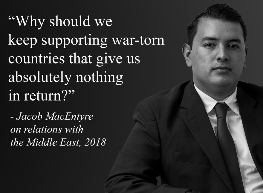 misleading quote from conservative president Jacob MacEntyre, implying that he does not care about Middle Eastern countries that are suffering from civil war